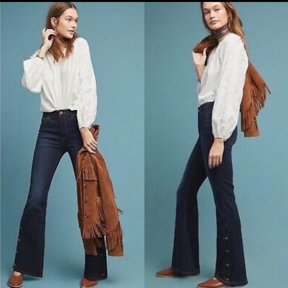 Pilcro Anthropologie high rise Boot cut jeans Retro Flared Buttons Hem size 28 - Picture 14 of 14